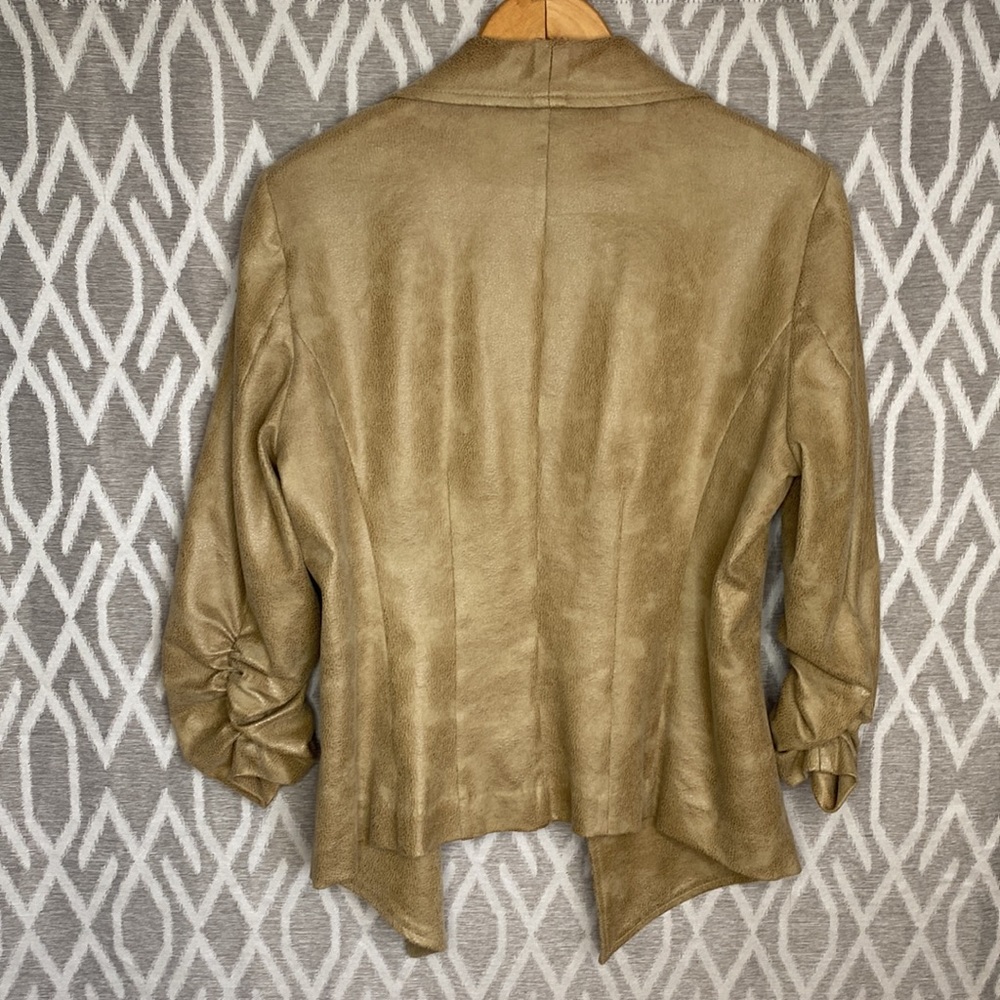 Karen Kane Blazer Faux Leather Tan 3/4 Sleeve Open Draped Waterfall Front Size:M - Picture 2 of 4